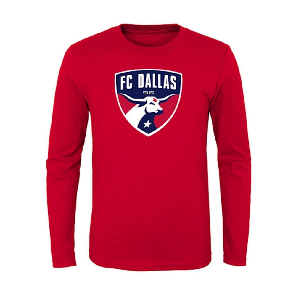 MLS FC Dallas Youth Red Primary Logo Long Sleeve Shirt T-Shirt Tee Size L 14/16